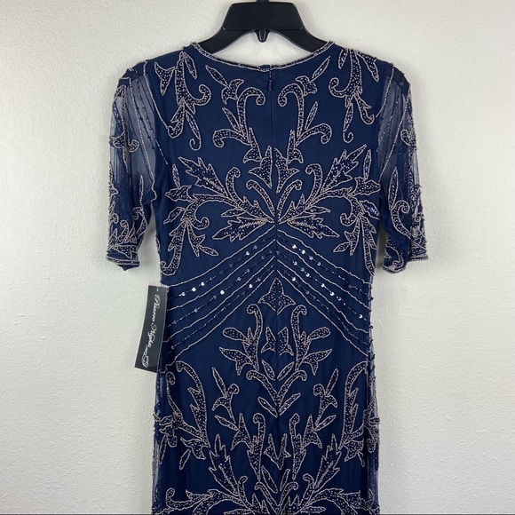 Pisarro Nights Beaded Mesh Column Gown SZ 4 Navy D2451 3/4 sleeve - Picture 8 of 13